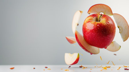 A dynamic image showcasing a ripe red apple floating midair with perfectly sliced pieces, seeds, and vibrant colors, set against a minimalist background.の素材
