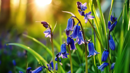A stunning display of bluebell flowers gracefully swaying in the gentle sunlight of a spring meadow, creating a serene and vibrant natural scene.の素材