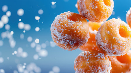 A delightful arrangement of mini donuts dusted with powdered sugar against a blue background, ideal for food photography, dessert menus, or festive occasions.の素材