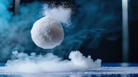 A stunning image of a white snowball floating in mid-air enveloped in smoke and fog, creating a mystical atmosphere perfect for winter-themed projects and artistic expressions.の素材