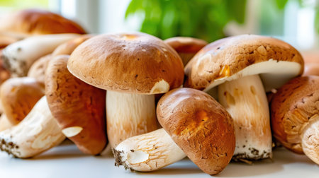 A collection of freshly picked mushrooms displaying rich colors and distinct textures, ideal for any culinary setting or nature-inspired project. Perfect for healthy lifestyle themes.の素材