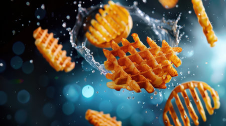 A vibrant image showcasing waffle fries splashing in water, emphasizing their crispy texture against a captivating bokeh background, perfect for food enthusiasts.の素材