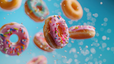 A captivating image of glazed donuts with vibrant frosting and sprinkles suspended mid-air against a bright blue backdrop, evoking joy and indulgence in every bite.の素材