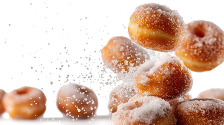 This image captures freshly made sugar donuts floating in the air with sugar sprinkles, creating a joyful and mouthwatering dessert scene perfect for food lovers.の素材