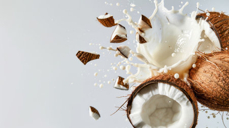 A fresh coconut bursts with creamy milk, showcasing dynamic splashes and fragments of shell. Perfect for themes of freshness, nature, and tropical cuisine.の素材