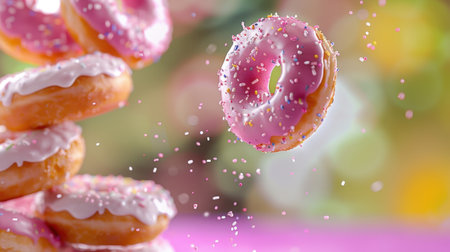 A vibrant and colorful scene featuring pink donuts topped with sprinkles, suspended in mid-air, evoking a sense of joy and celebration perfect for food lovers.の素材