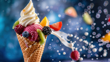 A vibrant ice cream cone filled with rich flavors and adorned with fresh berries and fruits, creating a playful splash in a sunny summer backdrop, perfect for dessert lovers.の素材