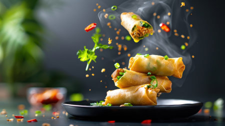 A stunning image of crispy spring rolls stacked on a sleek black plate, garnished with vibrant herbs and spices, showcasing delicious flavors and inviting presentation.の素材