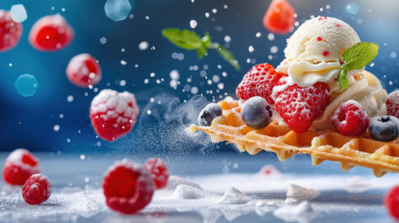 A tempting ice cream sundae featuring a crispy waffle, creamy ice cream, and an assortment of fresh berries, garnished with mint leaves, ideal for summer treats.の素材