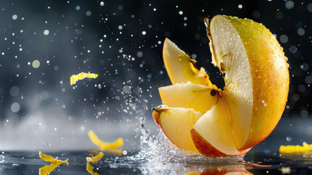 A stunning close-up of green apple slices creating a splash in water, complemented by citrus zest and droplets, capturing a vibrant and refreshing moment.の素材