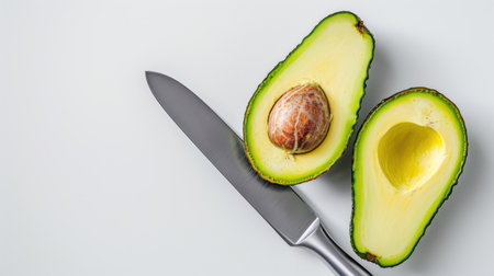 A fresh avocado is halved to reveal its creamy interior and seed, accompanied by a knife on a clean white background, perfect for cooking and healthy meal ideas.の素材