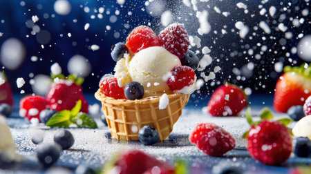A delightful ice cream cone topped with fresh berries and a dusting of sugar, ideal for summer indulgence or dessert photography. Perfect for food lovers and creators!の素材