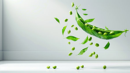 A striking image of fresh green peas in a pod with scattered peas and leaves, highlighting vibrant colors against a clean white backdrop for a modern and fresh aesthetic.の素材