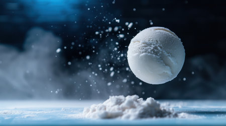 A mesmerizing white sphere hovers above a mound of powder, surrounded by ethereal smoke. The soft focus and dramatic lighting create a mysterious and elegant atmosphere, perfect for creative projects.の素材
