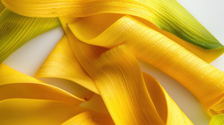 Close-up view of vibrant yellow plant leaves showcasing smooth textures and soft curves, perfect for organic and nature-themed projects.の素材