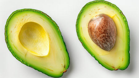 Two fresh avocado halves sit on a light background, showcasing creamy flesh and a prominent seed, perfect for promoting healthy eating and culinary creativity.の素材