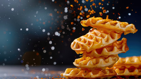 A close-up shot of stacked waffles sprinkled with crumbs, set against a blurred bokeh background, perfect for showcasing delicious breakfast or dessert options.の素材