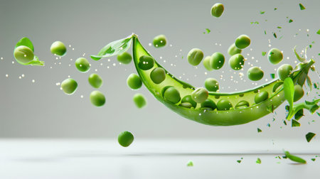 Bright green peas burst from their pod in an energetic display, showcasing freshness and vitality against a simple background, perfect for health and cooking themes.の素材