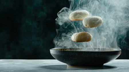 Experience the elegance of floating steamed buns surrounded by swirling steam, showcasing culinary art and the beauty of traditional cooking methods in a modern setting.の素材