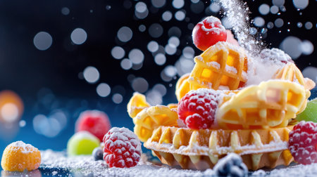 This captivating image features scrumptious waffles decorated with fresh berries and a sprinkle of powdered sugar, perfect for dessert or breakfast inspiration.の素材