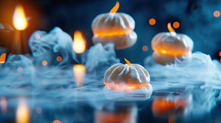 A captivating composition showcasing glowing candles surrounded by soft smoke and decorative pumpkins, perfect for autumn celebrations and creating a warm, inviting atmosphere.の素材