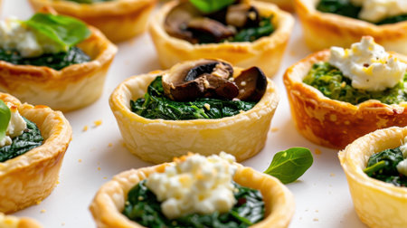 These delightful mini tarts feature a combination of spinach, mushrooms, and cheese nestled in flaky pastry shells. Perfect for appetizers or gourmet snacks at any gathering.の素材