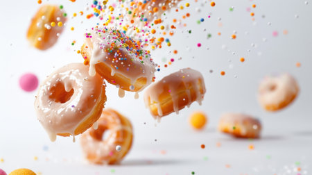 A delightful scene capturing colorful donuts coated in frosting and sprinkles, conveying a sense of joy and sweetness in a playful, vibrant setting. Perfect for food enthusiasts!の素材