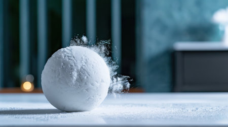 This image captures a single snowball on a smooth surface, showcasing intricate snowflakes and a powdery texture against a blurred background, evoking winter serenity.の素材