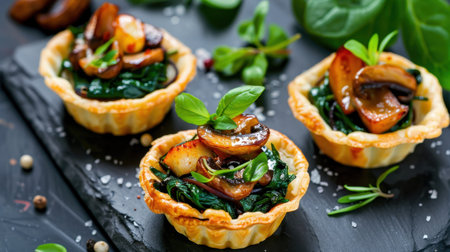 Delight in these elegant pastry cups filled with fresh spinach and sautの素材