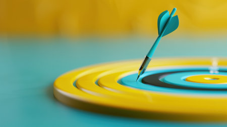 A striking image of a turquoise dart perfectly hitting the center of a colorful target board, symbolizing precision, focus, and successful achievement in various contexts.の素材