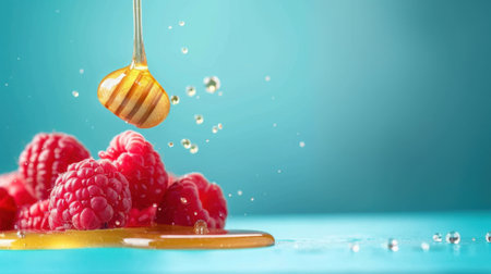 This delightful close-up image showcases juicy raspberries being drizzled with golden honey, highlighting the vibrant colors and textures of the fresh fruit.の素材
