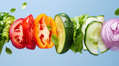 Brightly colored and fresh slices of vegetables create an appealing visual display against a soft blue background, perfect for healthy eating content.の素材