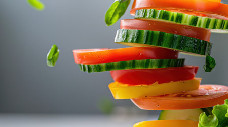 This artistic food photography captures an appealing arrangement of colorful vegetables floating above a grey background, showcasing freshness and culinary creativity.の素材