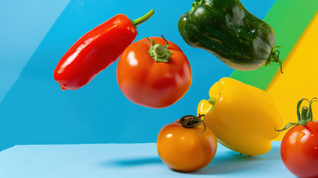 A dynamic arrangement of vibrant vegetables including tomatoes and peppers showcases the essence of healthy eating. Perfect for culinary art and nutrition themes.の素材