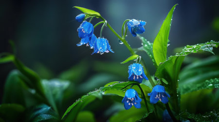 A close-up view of delicate blue flowers adorned with raindrops, nestled among lush green leaves, creating a serene and refreshing natural scene.の素材