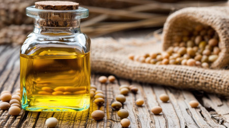 This captivating image showcases a bottle of organic oil placed on a rustic wooden surface, surrounded by dried grains and natural textiles, symbolizing freshness and culinary artistry.の素材