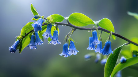 A stunning close-up view of blue flowers adorned with raindrops, set against lush green leaves in a tranquil, misty environment, capturing natural beauty.の素材