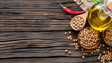 A captivating arrangement of fresh culinary ingredients, featuring oil, vibrant chili, and assorted spices on a rustic wooden table, ideal for food photography.の素材