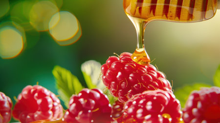 This image captures fresh raspberries being drizzled with golden honey, creating a mouthwatering scene full of color and texture, perfect for culinary themes.の素材
