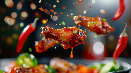 This dynamic image features flying spicy chicken wings drizzled with hot sauce, surrounded by fresh chili peppers, creating an enticing culinary scene.の素材