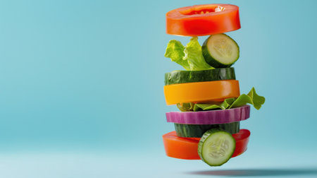 Vibrant and colorful layers of fresh vegetables showcase the essence of healthy eating. Perfect for promoting nutrition, wellness, and appetizing meals.の素材