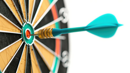A vibrant close-up of a dart hitting the bullseye on a dartboard, capturing the essence of precision and skill in sports. Perfect for game-related themes.の素材