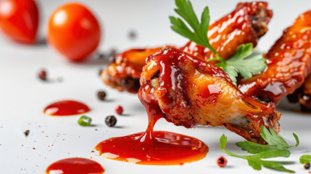 A mouth-watering display of juicy chicken wings drizzled with a rich glaze, garnished with fresh parsley and surrounded by vibrant cherry tomatoes.の素材
