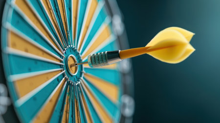 A striking close-up of a dartboard with a yellow dart perfectly hitting the bullseye. This image showcases the excitement and precision of dart games, making it ideal for sports enthusiasts or promotional materials.の素材