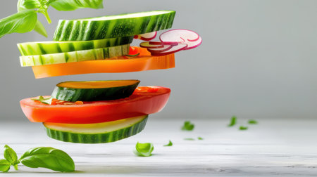 This image showcases an artistic arrangement of freshly sliced vegetables, including cucumber, tomato, and radish, creating a visually appealing floating effect. Perfect for healthy eating themes.の素材