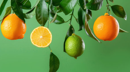 Vibrant citrus fruits including oranges, lemon, and lime hang gracefully on green branches, showcasing the beauty of nature and freshness of harvest.の素材