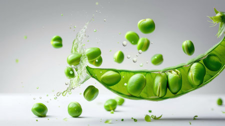 This stunning image features fresh green peas splashing in water, showcasing their vibrant color and dynamic motion, emphasizing healthiness and the beauty of food.の素材
