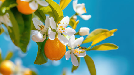 A beautiful capture of vibrant orange fruit and delicate white blossoms on a citrus tree against a bright blue sky, symbolizing nature's bounty.の素材