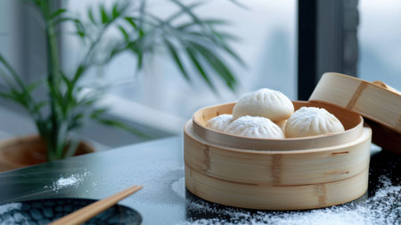 A close-up view of steamed dumplings in a bamboo steamer, beautifully arranged on a table with a plant backdrop, epitomizing authentic and delicious Asian cuisine.の素材