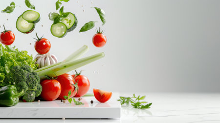 A vibrant arrangement of fresh vegetables suspended in air, showcasing tomatoes, cucumbers, and basil, perfect for promoting healthy eating and cooking.の素材